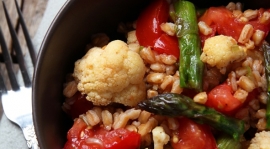 Thumbnail image for Farro Salad With Roasted Veggies on Balsamic Pumpkin Oil Vinaigrette